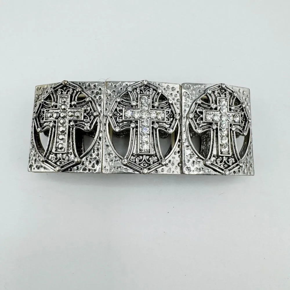 Vintage Silver Rhinestone Cross Stretch Bracelet Gothic Western Faith Chunky